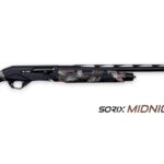 Camouflage-pattern bolt-action shotgun with a long barrel and adjustable stock, displayed with 'SORIX MIDNIGHT MARSH' branding.