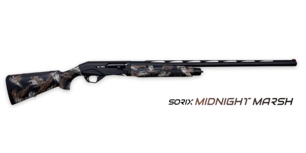 Camouflage-pattern bolt-action shotgun with a long barrel and adjustable stock, displayed with 'SORIX MIDNIGHT MARSH' branding.