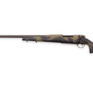 Camouflage bolt-action rifle with a long barrel on a white background, side view.