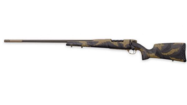 Camouflage bolt-action rifle with a long barrel on a white background, side view.