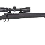 Bolt-action rifle with a mounted scope and synthetic stock, oriented left-to-right on a white background
