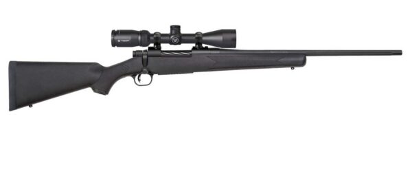 Bolt-action rifle with a mounted scope and synthetic stock, oriented left-to-right on a white background