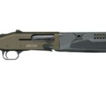 Olive and gray tactical pump-action shotgun with a pistol-grip stock and fore-end set against a plain background.