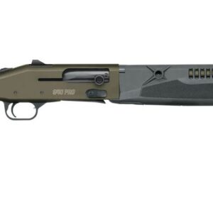 Olive and gray tactical pump-action shotgun with a pistol-grip stock and fore-end set against a plain background.