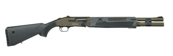 Olive and gray tactical pump-action shotgun with a pistol-grip stock and fore-end set against a plain background.