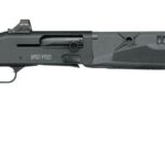 Black tactical shotgun shown in profile with a top-mounted sight and textured fore-end.