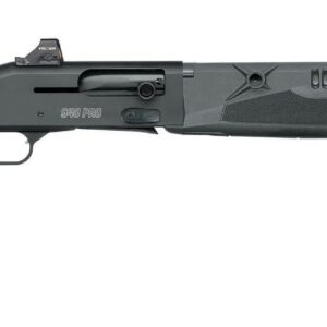 Black tactical shotgun shown in profile with a top-mounted sight and textured fore-end.