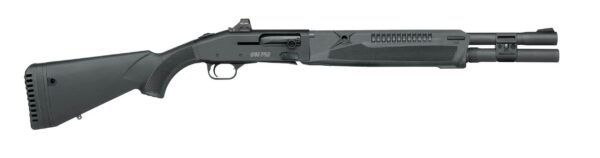 Black tactical shotgun shown in profile with a top-mounted sight and textured fore-end.