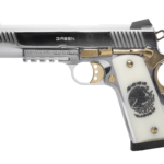 Profile view of a decorative silver handgun with ivory grip and gold accents, set against a black background.
