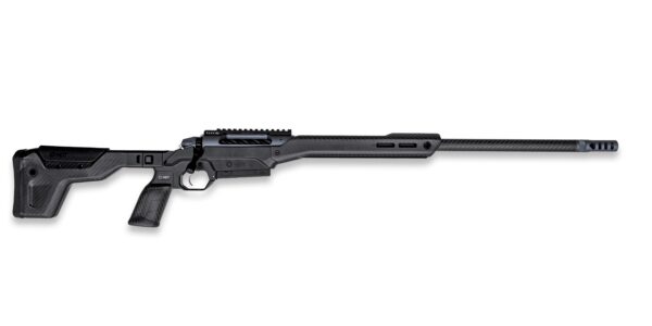 Black precision rifle with a long carbon-fiber barrel, adjustable stock, and pistol grip, shown in profile on a white background.