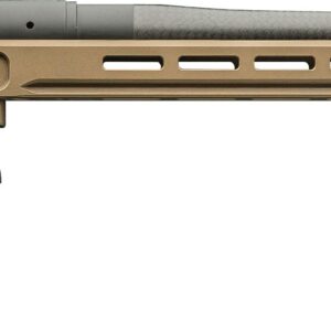 Bergara sniper rifle with folding stock, tan handguard, detachable magazine, and muzzle brake.