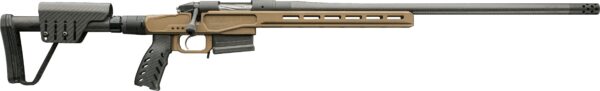 Bergara sniper rifle with folding stock, tan handguard, detachable magazine, and muzzle brake.