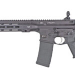 Black semi-automatic rifle with a modular handguard and adjustable stock shown in profile