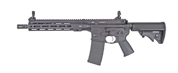 Black semi-automatic rifle with a modular handguard and adjustable stock shown in profile