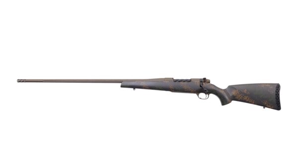 Bolt-action rifle with a long brown barrel and camouflage-patterned stock, shown in profile.