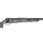 Gray camouflage rifle with long barrel and perforated muzzle brake, lever-action mechanism visible, stock on left