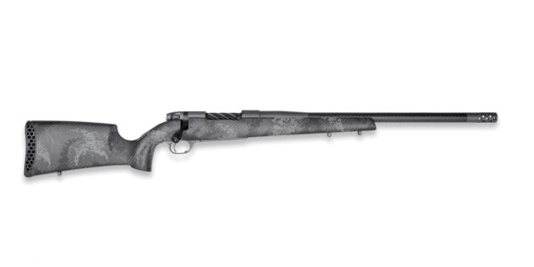 Gray camouflage rifle with long barrel and perforated muzzle brake, lever-action mechanism visible, stock on left