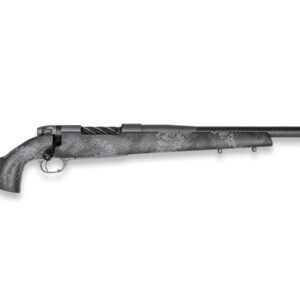 Bolt-action rifle with a gray camouflage finish, long barrel, and perforated muzzle brake on a white background
