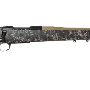 Bolt-action rifle with a cracked-black stock and tan barrel, shown in profile