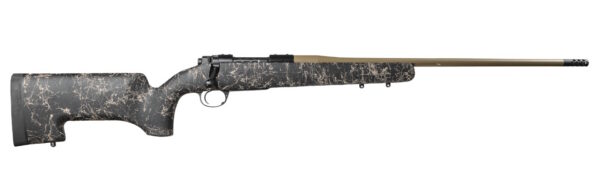 Bolt-action rifle with a cracked-black stock and tan barrel, shown in profile