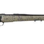 Bolt-action rifle with beige cracked-desert camo stock and long black barrel