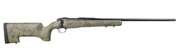 Bolt-action rifle with beige cracked-desert camo stock and long black barrel