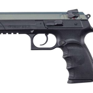 Desert Eagle semi-automatic pistol shown in profile with a black grip and silver slide