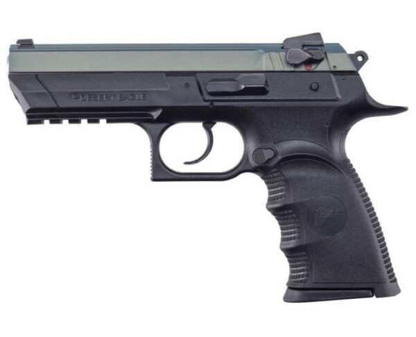 Desert Eagle semi-automatic pistol shown in profile with a black grip and silver slide