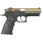 Semi-automatic handgun with a tan slide and black grip, side view.