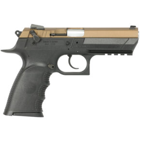 Semi-automatic handgun with a tan slide and black grip, side view.