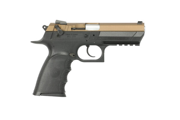 Semi-automatic handgun with a tan slide and black grip, side view.