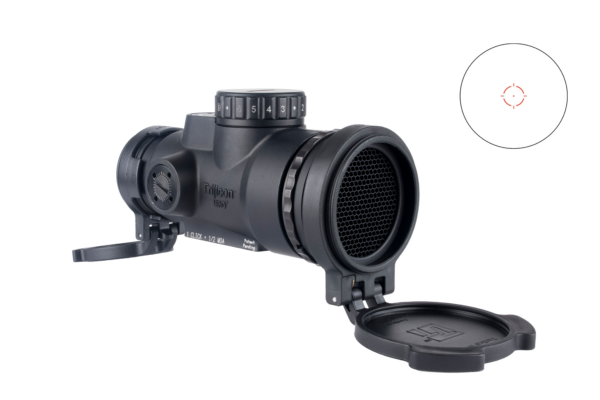 Black Trijicon MRO rifle scope with side adjustment dial and open front lens cap, used for precision aiming.