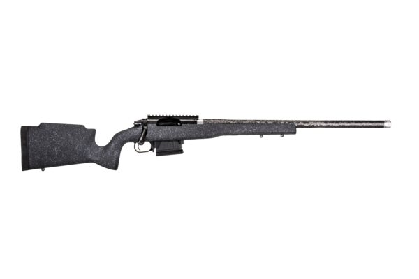 Precision rifle with black speckled stock and long barrel, shown in profile as a left-side view.
