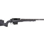 Long, long-barreled bolt-action rifle with a speckled black stock and rail atop the receiver