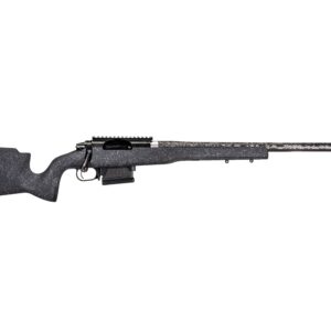 Long, long-barreled bolt-action rifle with a speckled black stock and rail atop the receiver
