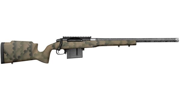 Camouflage hunting rifle with a detachable magazine on a white background, laid horizontally.