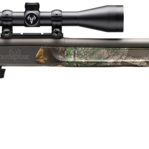 Bolt-action hunting rifle with camo stock and mounted scope, shown in side profile.