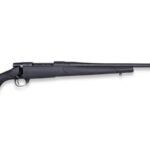 Black bolt-action rifle with a synthetic stock and long barrel viewed from the side, ready for use in hunting or sport shooting