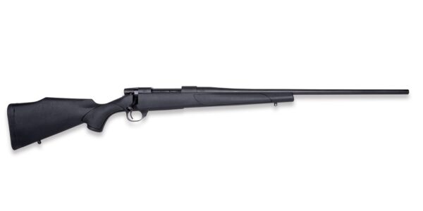 Black bolt-action rifle with a synthetic stock and long barrel viewed from the side, ready for use in hunting or sport shooting