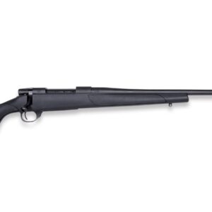 Bolt-action rifle with black synthetic stock shown in side profile and a long barrel.