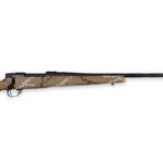 Bolt-action hunting rifle with desert camouflage stock and a long black barrel pointing to the right.