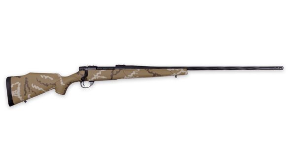 Bolt-action hunting rifle with desert camouflage stock and a long black barrel pointing to the right.