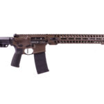 Tan AR-style rifle shown in profile with a long vented handguard and 30-round magazine.