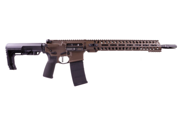 Tan AR-style rifle shown in profile with a long vented handguard and 30-round magazine.