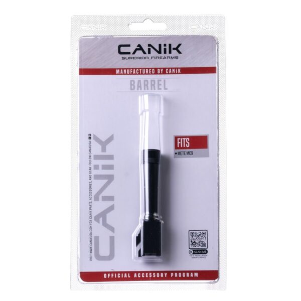 Canik official accessory packaging showing a metal barrel insert for a Mete MC9 pistol in a clear blister pack with branding.