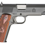 Semiautomatic pistol with a gray slide and wooden checkered grip, labeled Springfield Armory on the side.