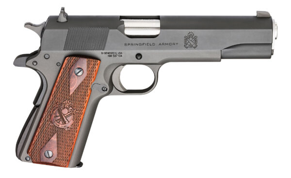 Semiautomatic pistol with a gray slide and wooden checkered grip, labeled Springfield Armory on the side.