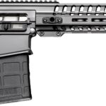 Modern AR-style rifle with collapsible stock, pistol grip, and a long, rail-lined handguard with a detachable magazine.