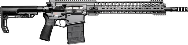 Modern AR-style rifle with collapsible stock, pistol grip, and a long, rail-lined handguard with a detachable magazine.