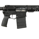 Black semi-automatic rifle shown in profile with a collapsible stock, pistol grip, magazine, and long quad-rail handguard